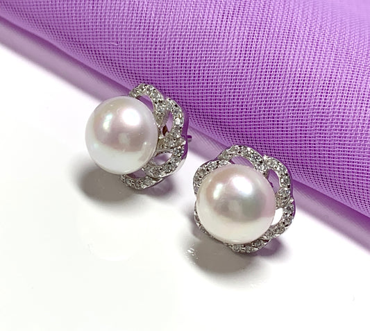 Hesagonal real freshwater cultured pearl cubic zirconia cluster earrings sterling silver