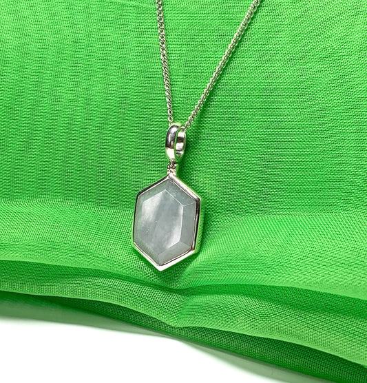 Hexagonal shaped silver light real green jade necklace pendant