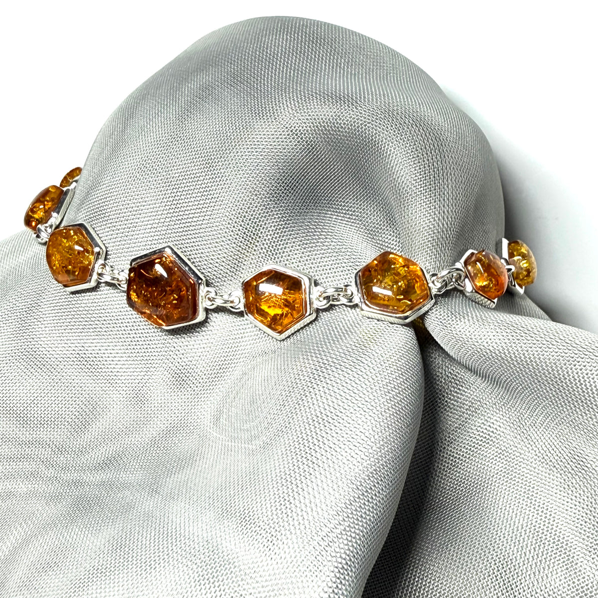 Hexagonal shaped real amber bracelet sterling silver
