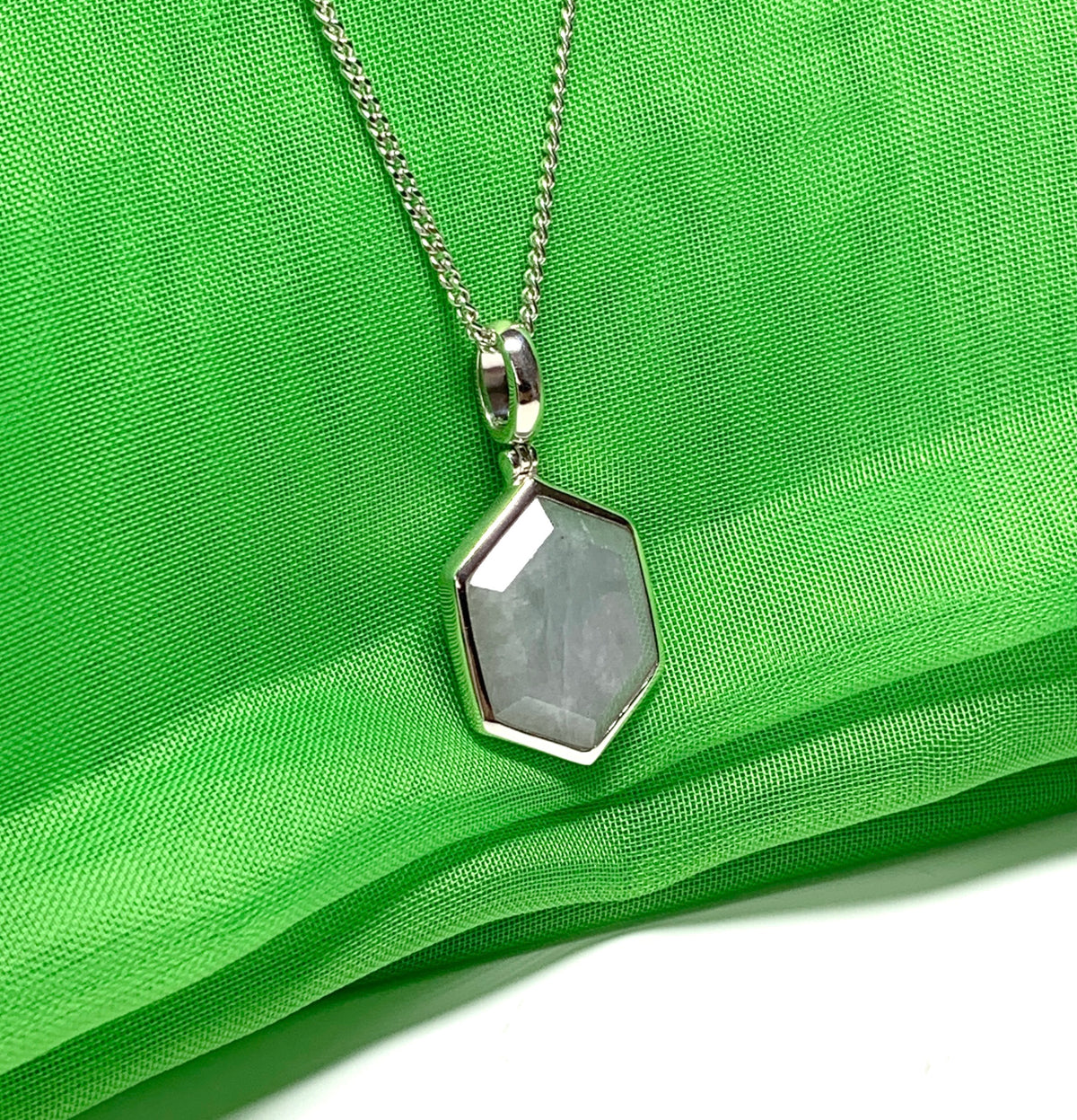 Hexagonal shaped silver light real green jade necklace pendant