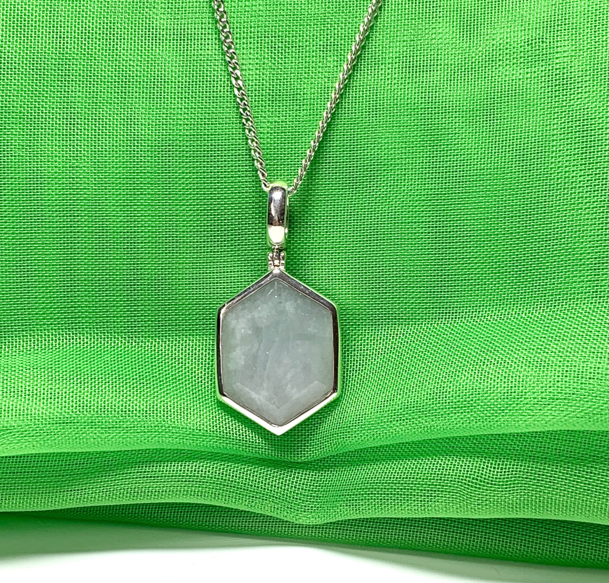 Hexagonal shaped silver light real green jade necklace pendant