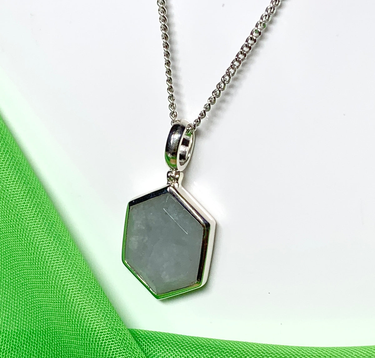 Hexagonal shaped silver light real green jade necklace pendant