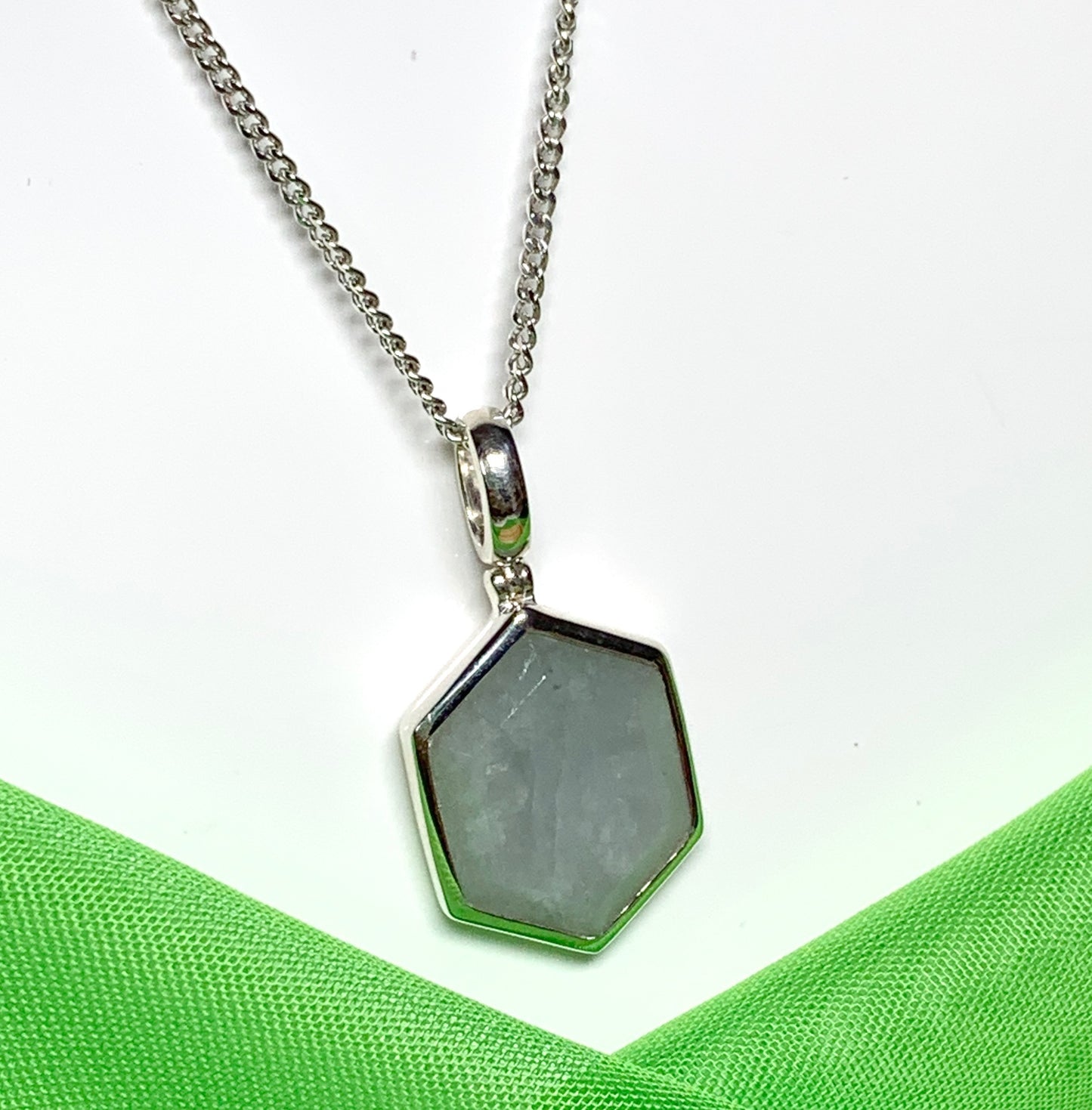 Hexagonal shaped silver light real green jade necklace pendant
