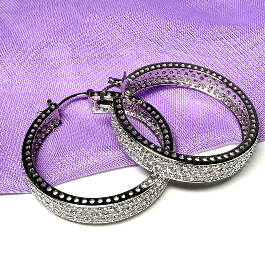 Hoop sterling silver large round shaped stones set earrings triple row