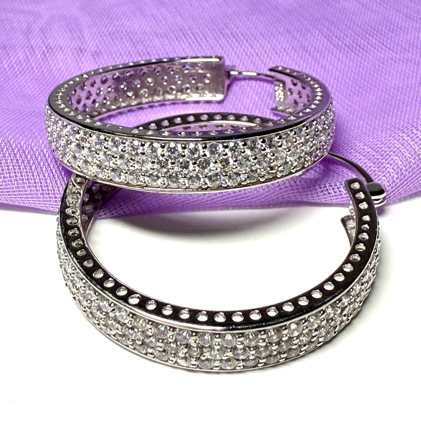 Hoop sterling silver large round shaped stones set earrings triple row