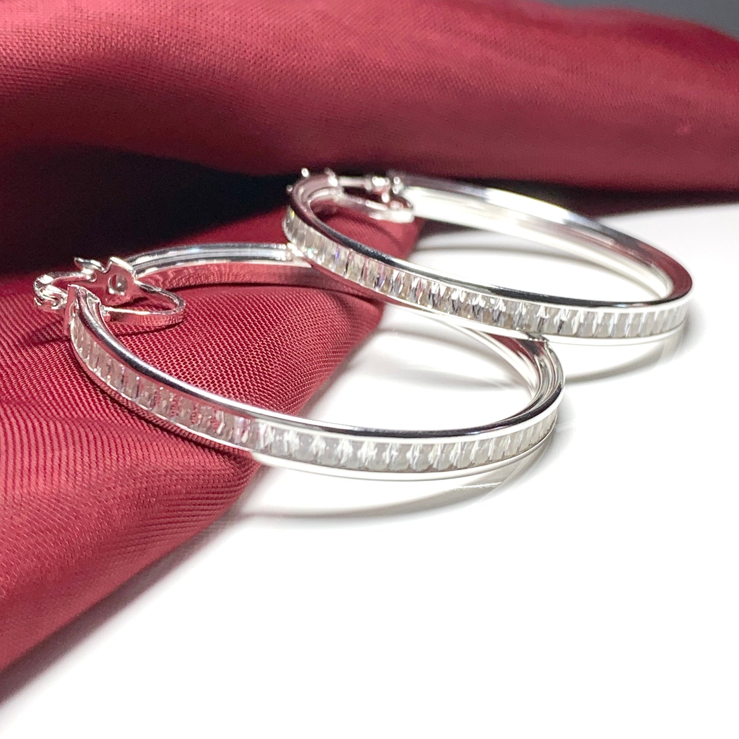 Hoop sterling silver large round stone set earrings 44 mm