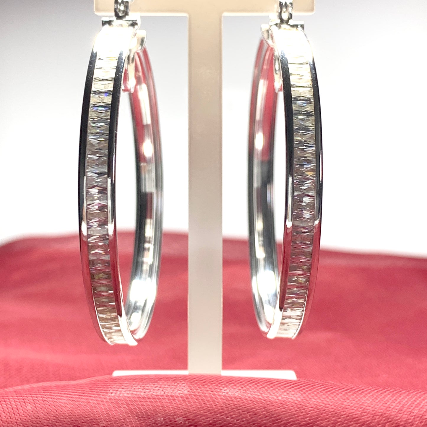 Hoop sterling silver large round stone set earrings 44 mm