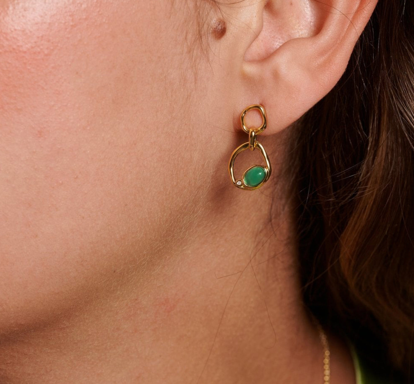 Hot Diamonds green agate diamond drop earrings HDXGEM offset pendant yellow gold plated sterling silver In the ears