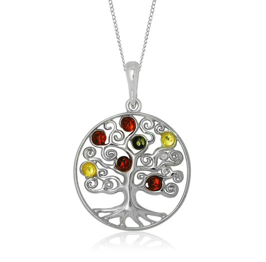 Sterling silver multi coloured amber Tree Of Life necklace pendant