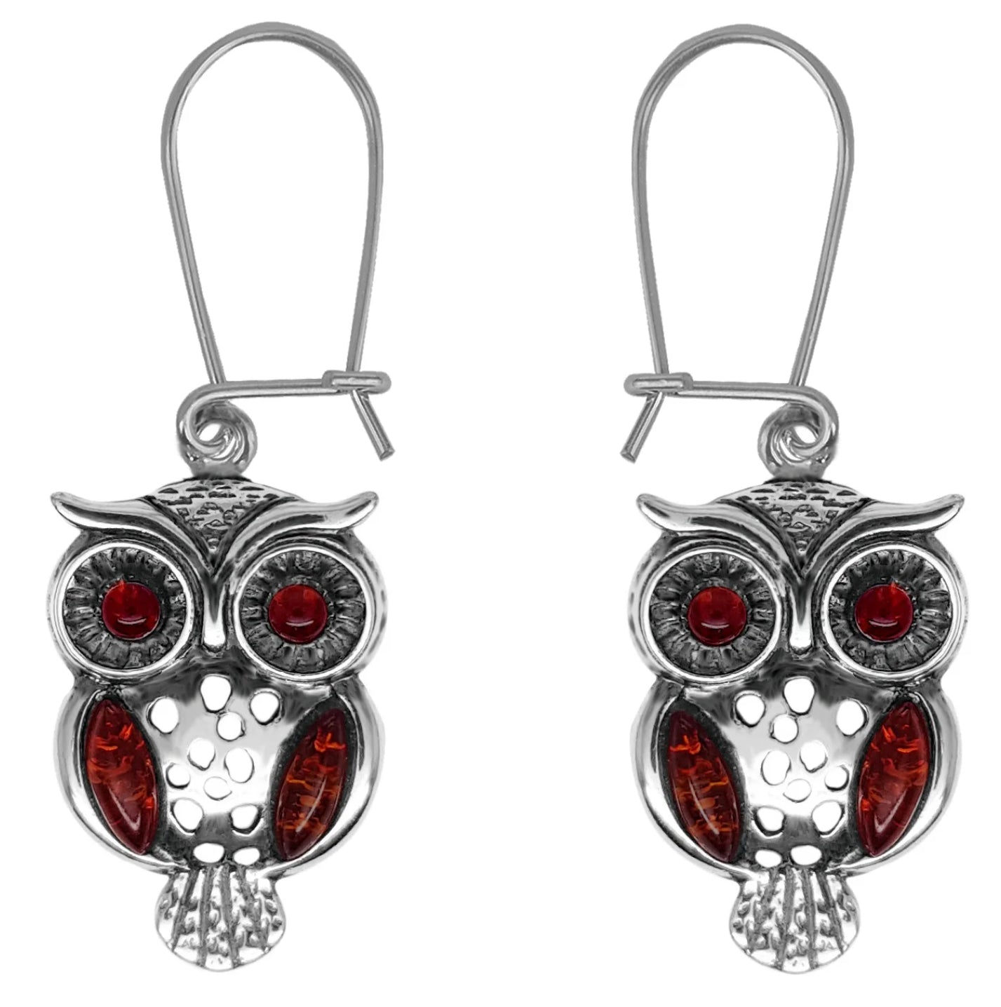 Owl amber drop earrings sterling silver