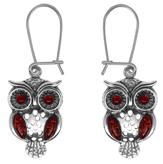 Owl amber drop earrings sterling silver