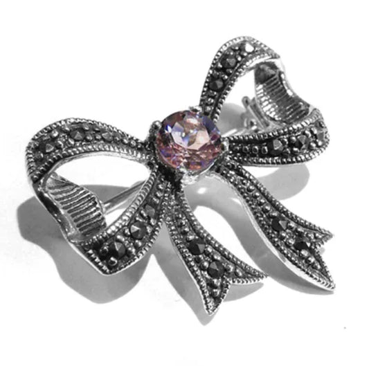 Sterling silver real amethyst and real marcasite bow brooch