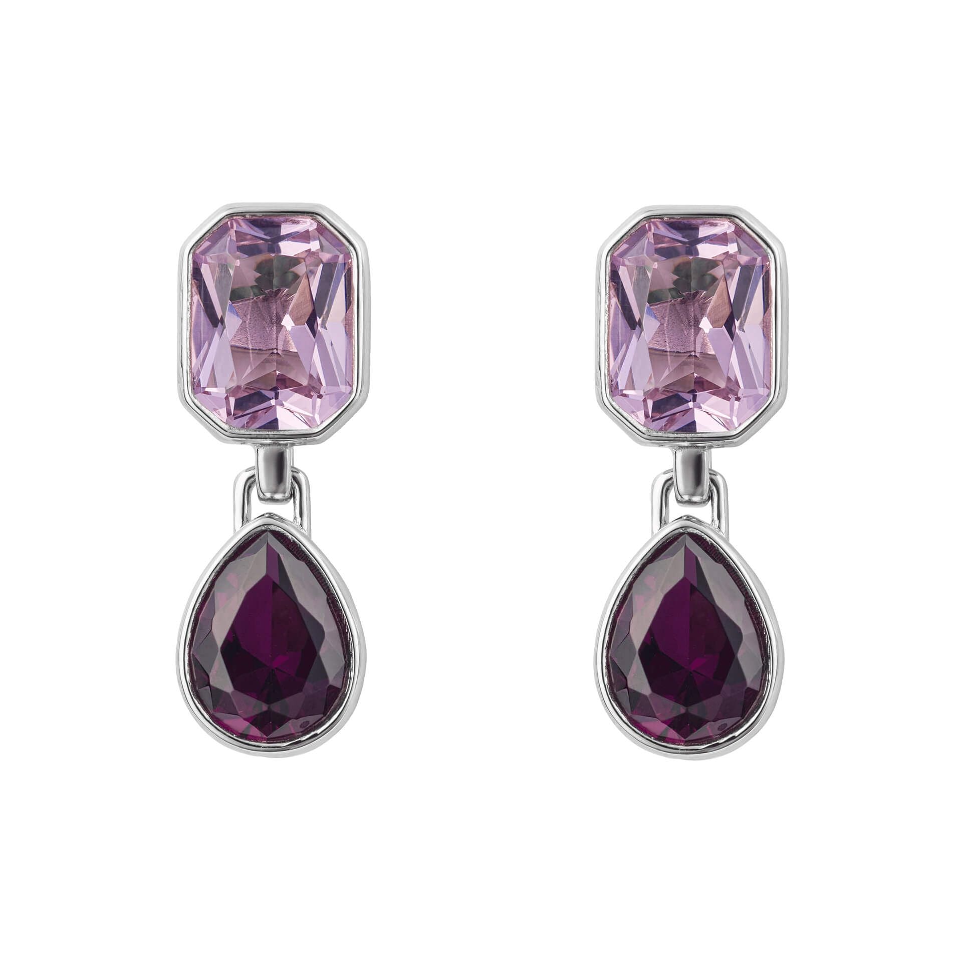 Fiorelli amethyst and pink coloured crystal double drop earrings