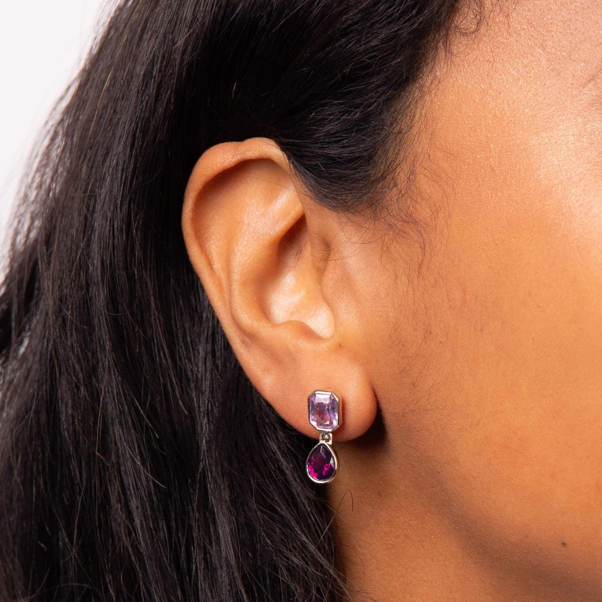 Fiorelli amethyst and pink coloured crystal double drop earrings