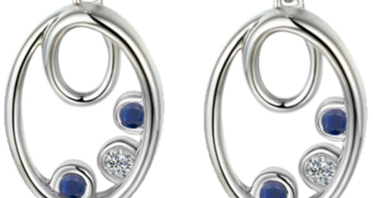 Real blue sapphire sterling silver oval stud earrings with cubic zirconia