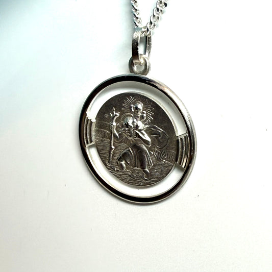 Round Pierced Solid Silver St. Christopher Necklace