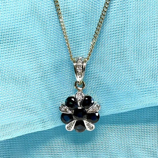 Real blue sapphire and real diamond round cluster necklace yellow gold pendant