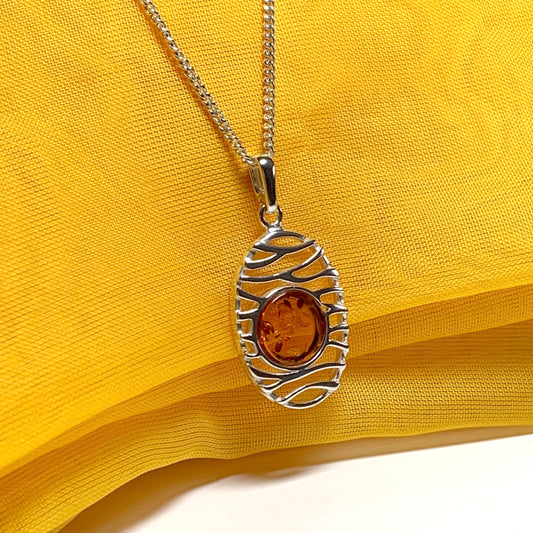 Orange real amber necklace oval open drop pierced pendant sterling silver