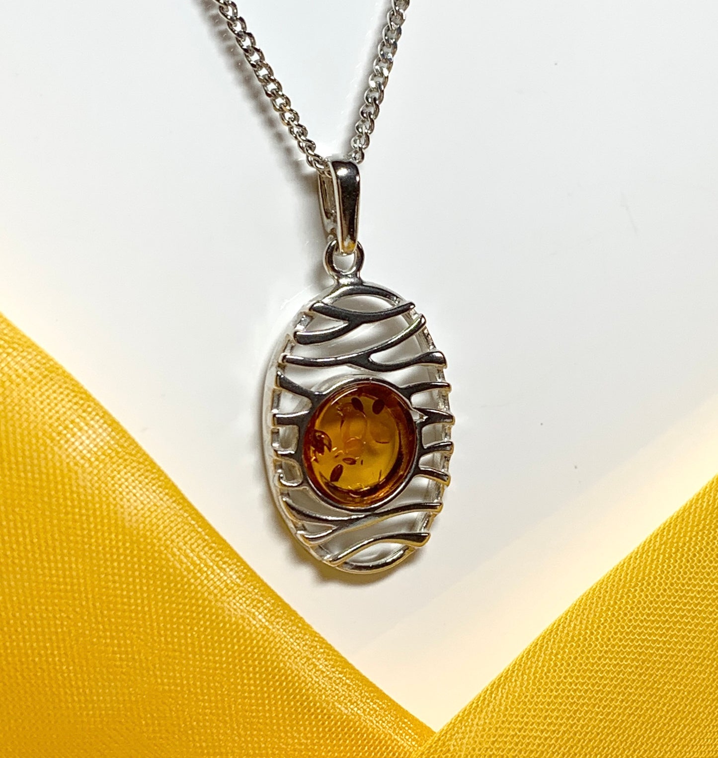 Orange real amber necklace oval open drop pierced pendant sterling silver