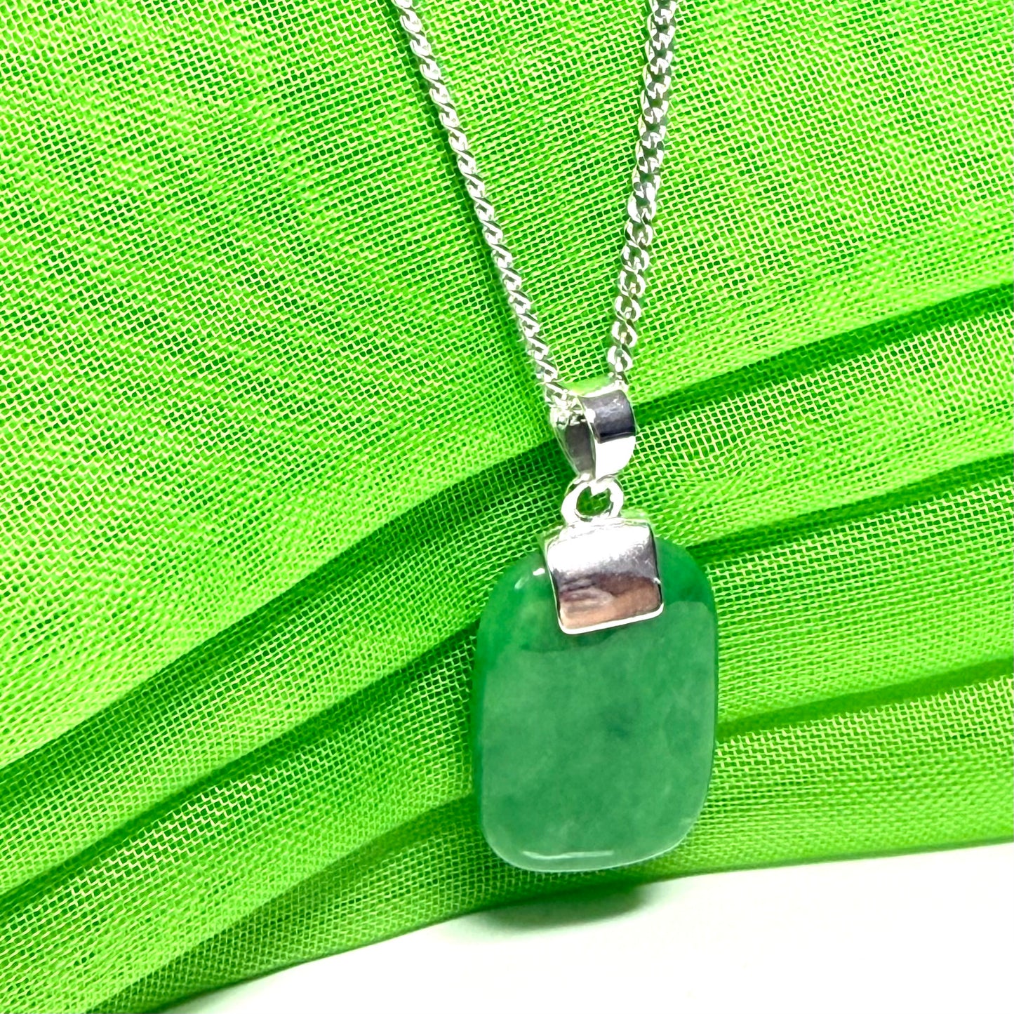 Sterling silver cushion shape real green jade necklace pendant with a solid silver chain included