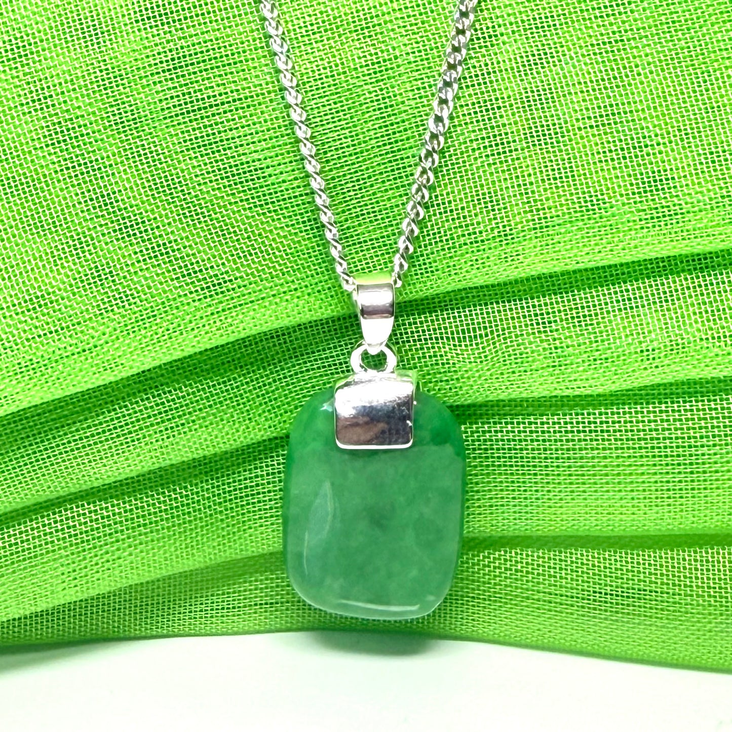 Sterling silver cushion shape real green jade necklace pendant with a solid silver chain included
