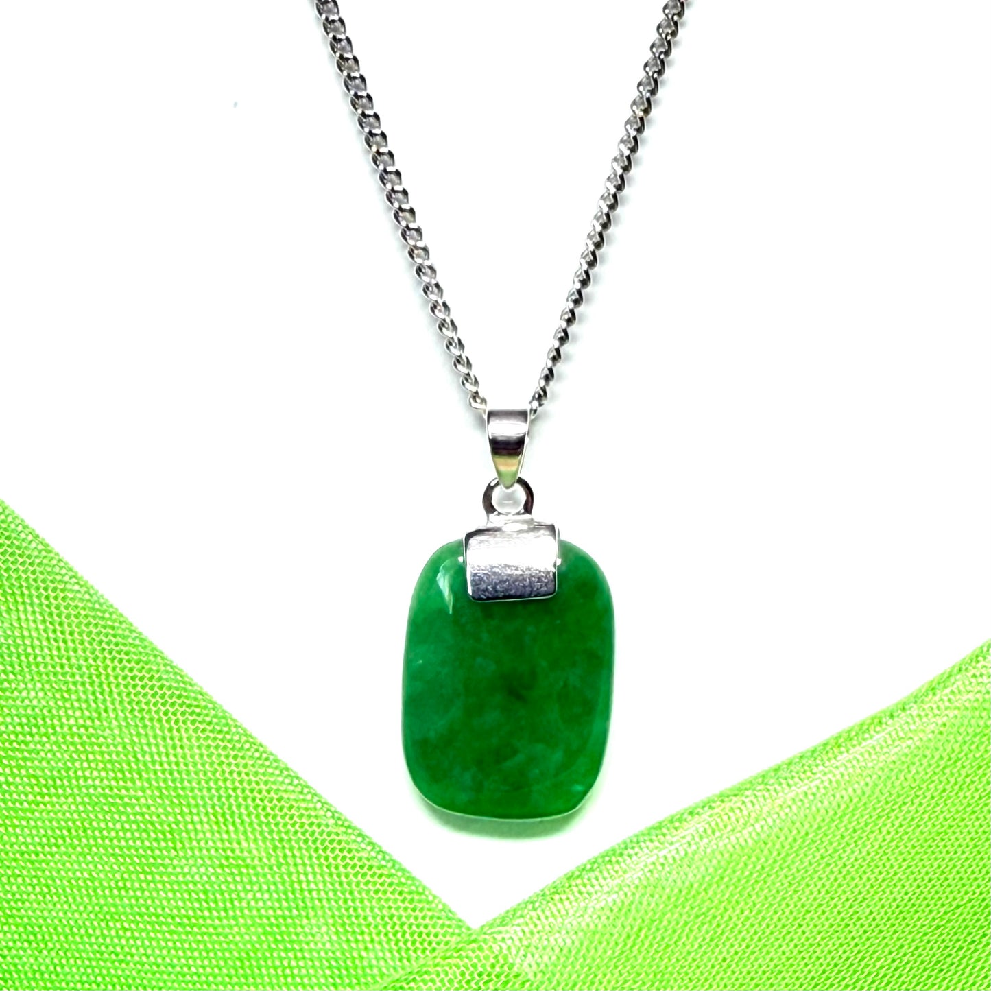 Sterling silver cushion shape real green jade necklace pendant with a solid silver chain included