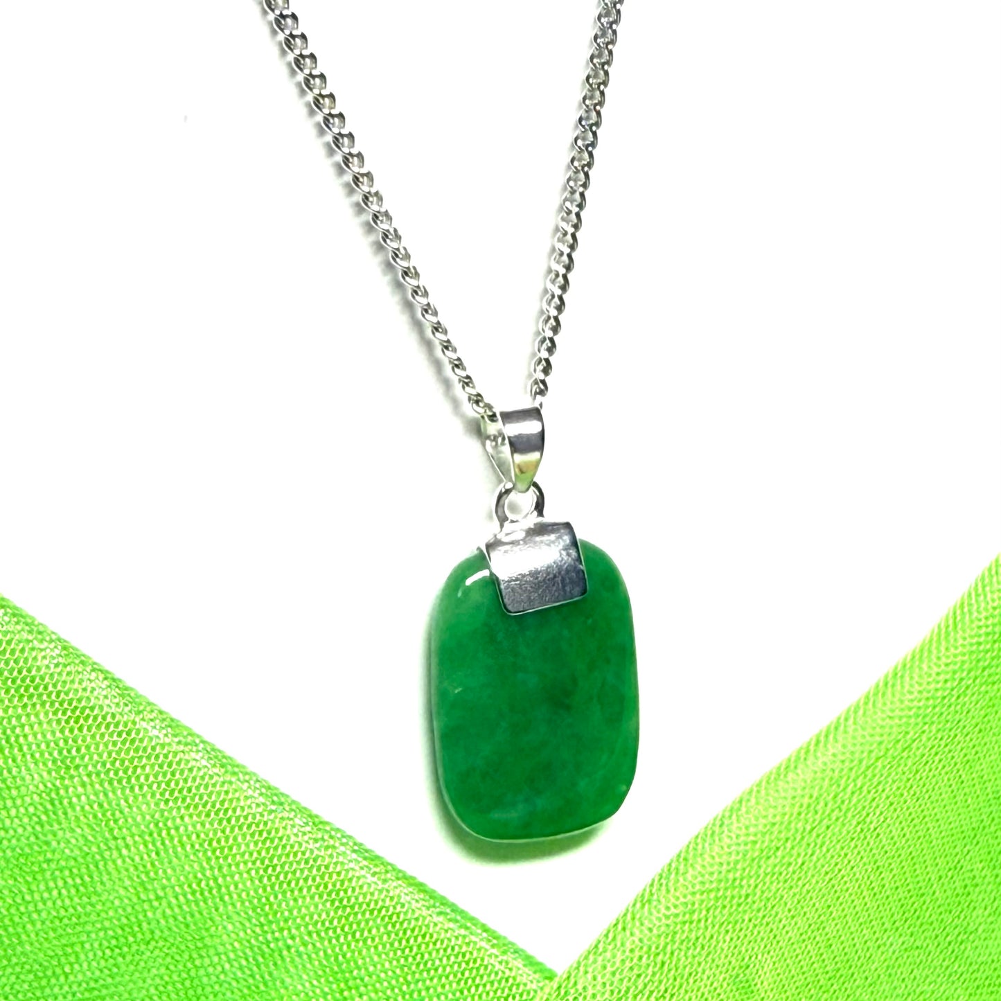 Sterling silver cushion shape real green jade necklace pendant with a solid silver chain included
