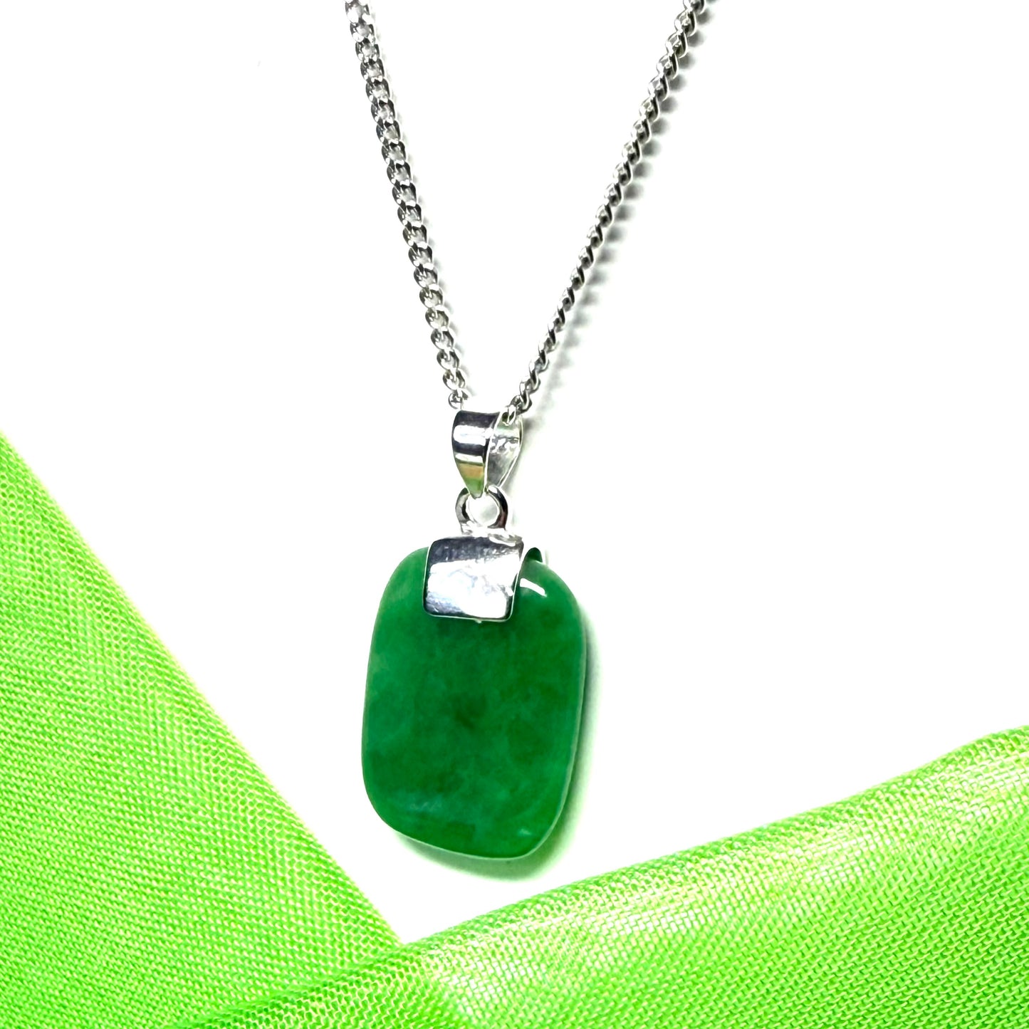 Sterling silver cushion shape real green jade necklace pendant with a solid silver chain included
