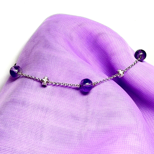 Real amethyst and cubic zirconia round sterling silver bracelet