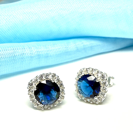 Blue oval cubic zirconia silver cluster stud earrings
