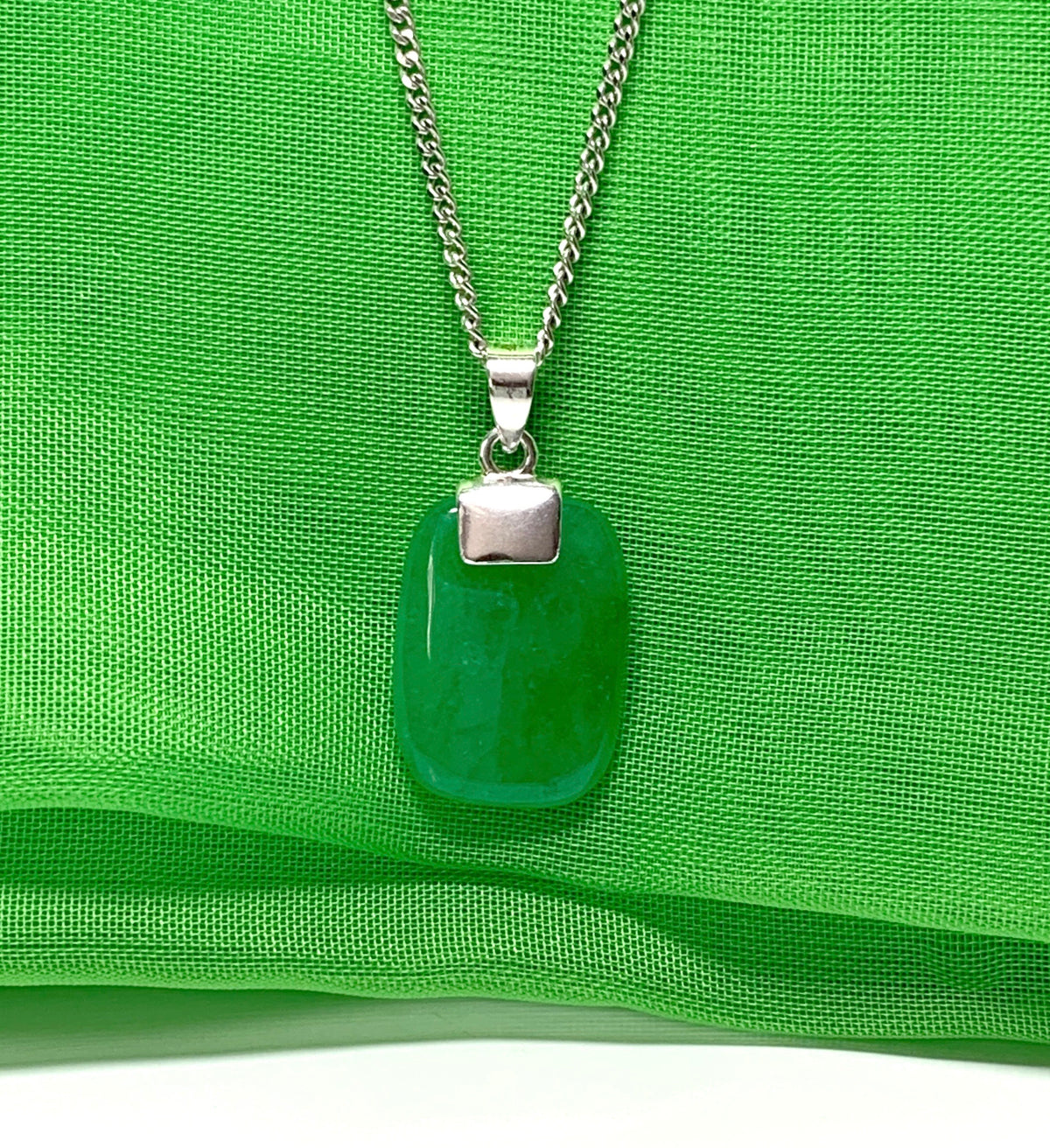 Sterling silver cushion shaped real green jade necklace pendant with a chain included