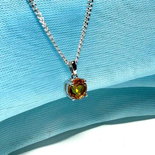 Yellow real round citrine necklace sterling silver pendant