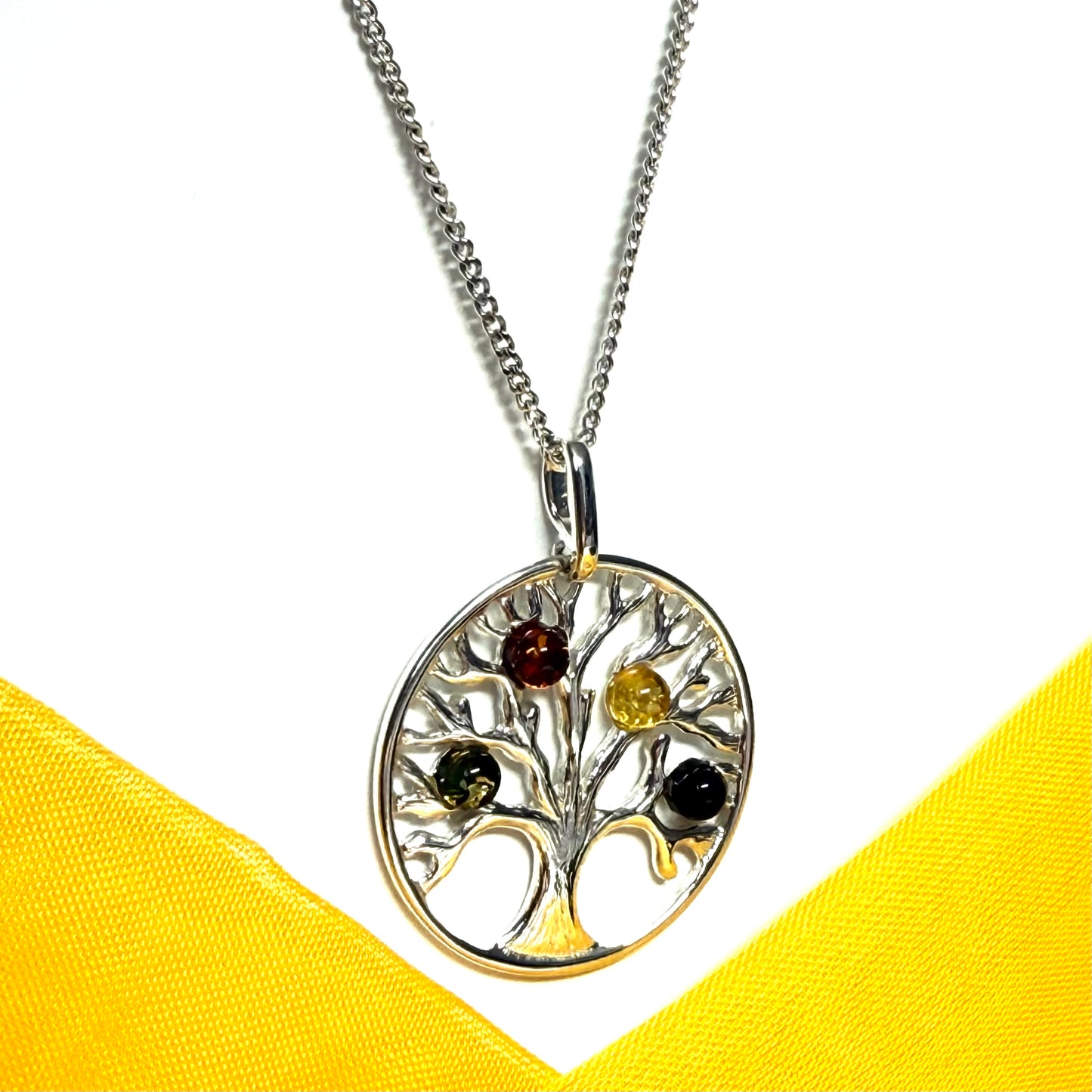 Sterling silver multi coloured amber Tree Of Life necklace pendant