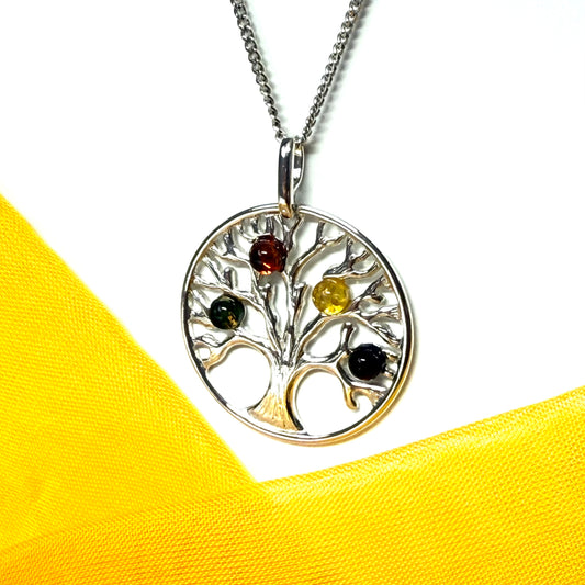 Sterling silver multi coloured amber Tree Of Life necklace pendant