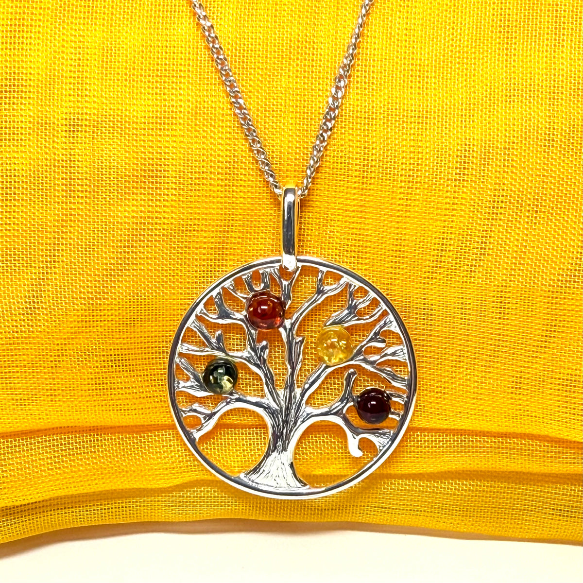 Sterling silver multi coloured amber Tree Of Life necklace pendant