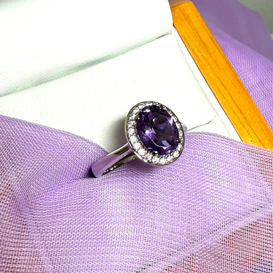 Oval shape cluster ring purple real amethyst and cubic zirconia sterling silver