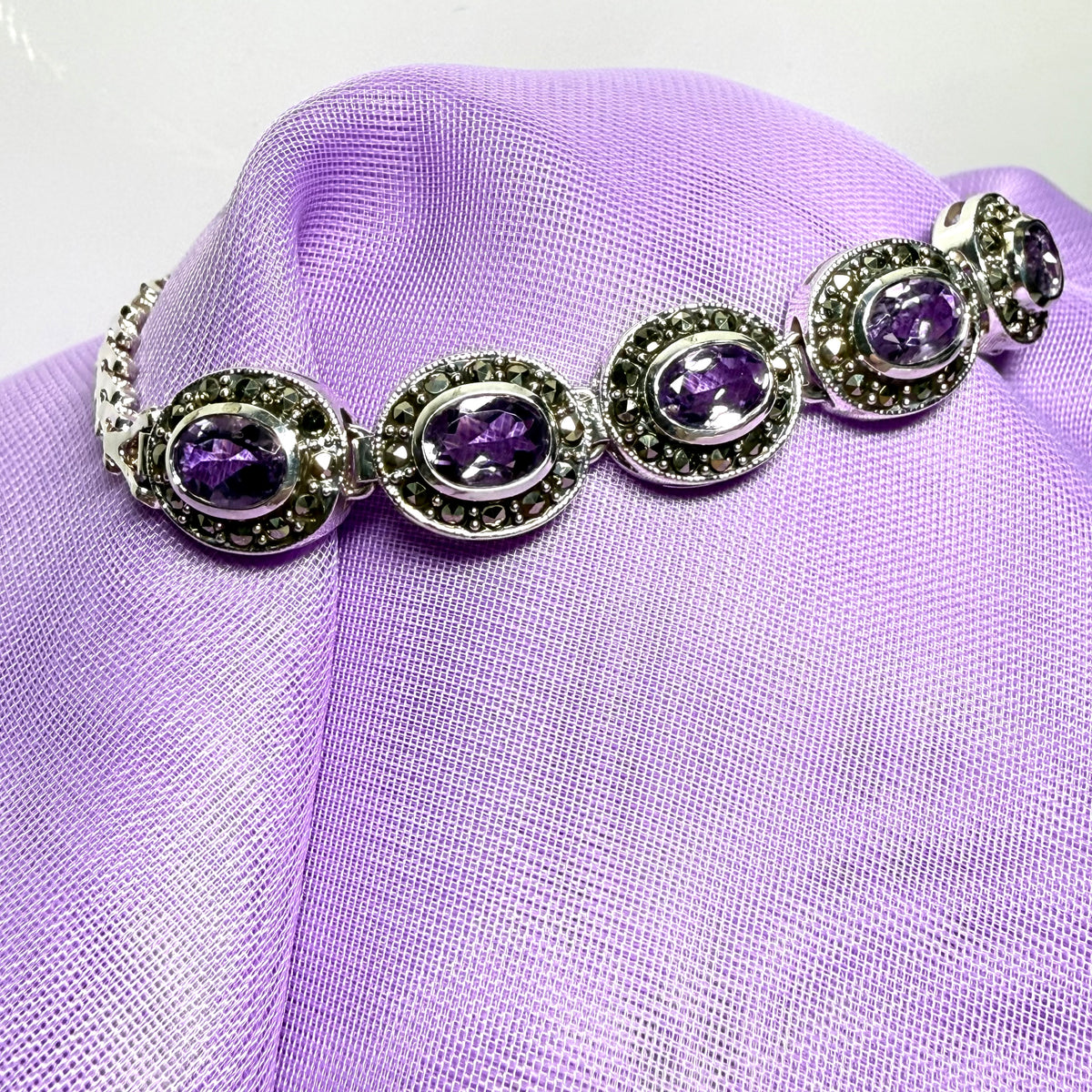 Real marcasite and real amethyst sterling silver bracelet oval shaped, a stunning design