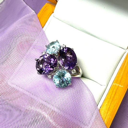 Real blue topaz and real amethyst dress cocktail fancy cluster ring