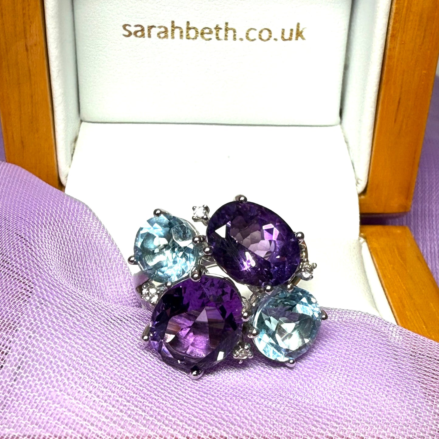 Real blue topaz and real amethyst dress cocktail fancy cluster ring