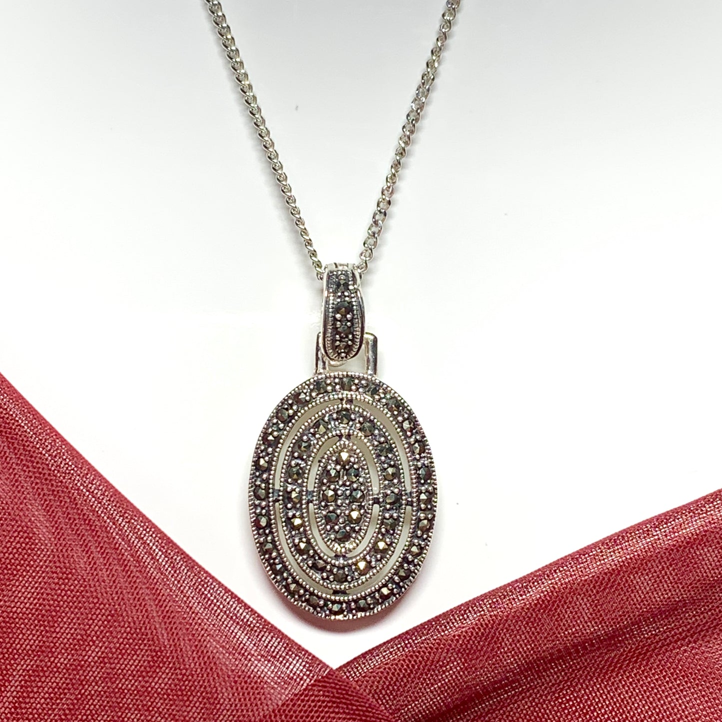 Large oval marcasite necklace sterling silver pendant