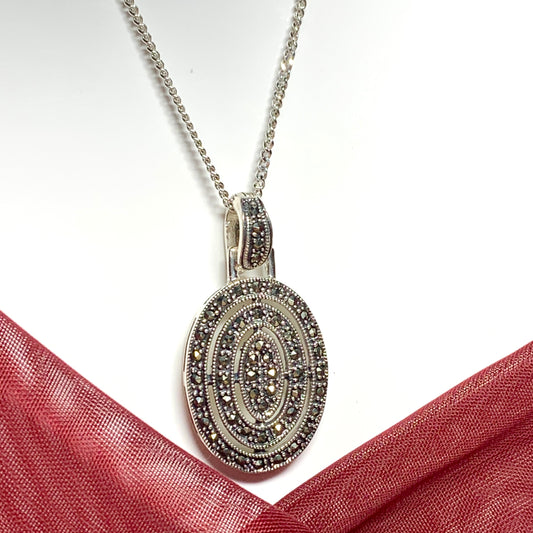 Large oval marcasite necklace sterling silver pendant