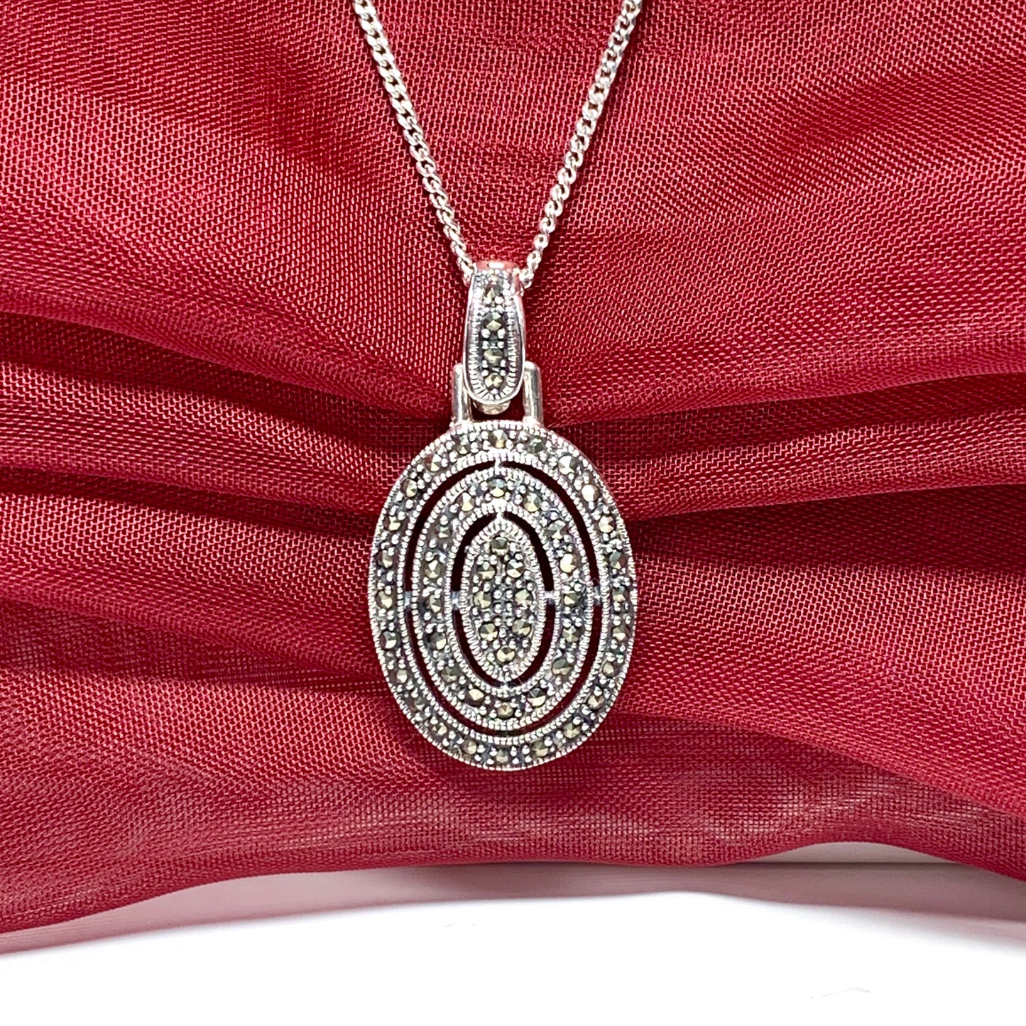 Large oval marcasite necklace sterling silver pendant