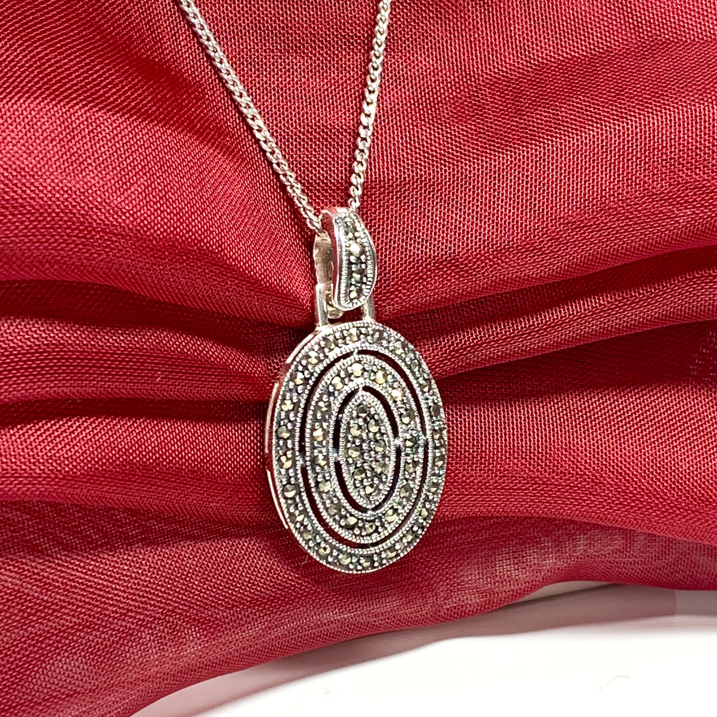 Large oval marcasite necklace sterling silver pendant