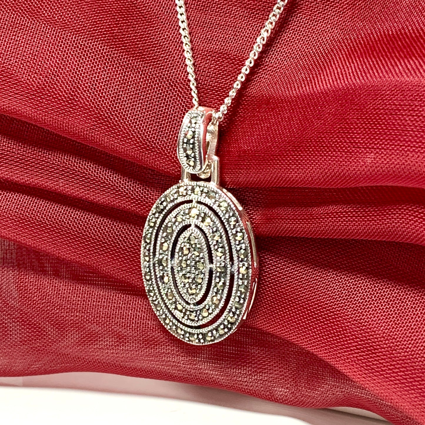 Large oval marcasite necklace sterling silver pendant