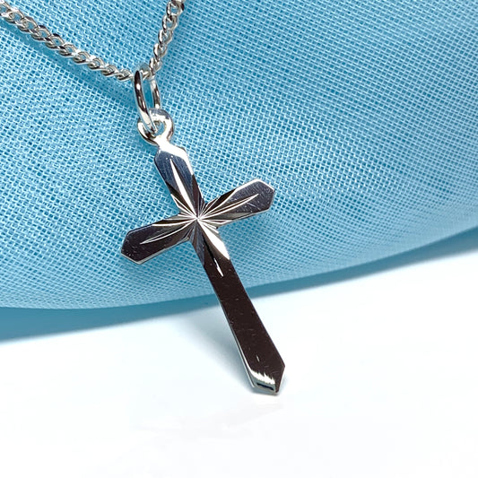 Small sterling silver diamond cut cross necklace including chain