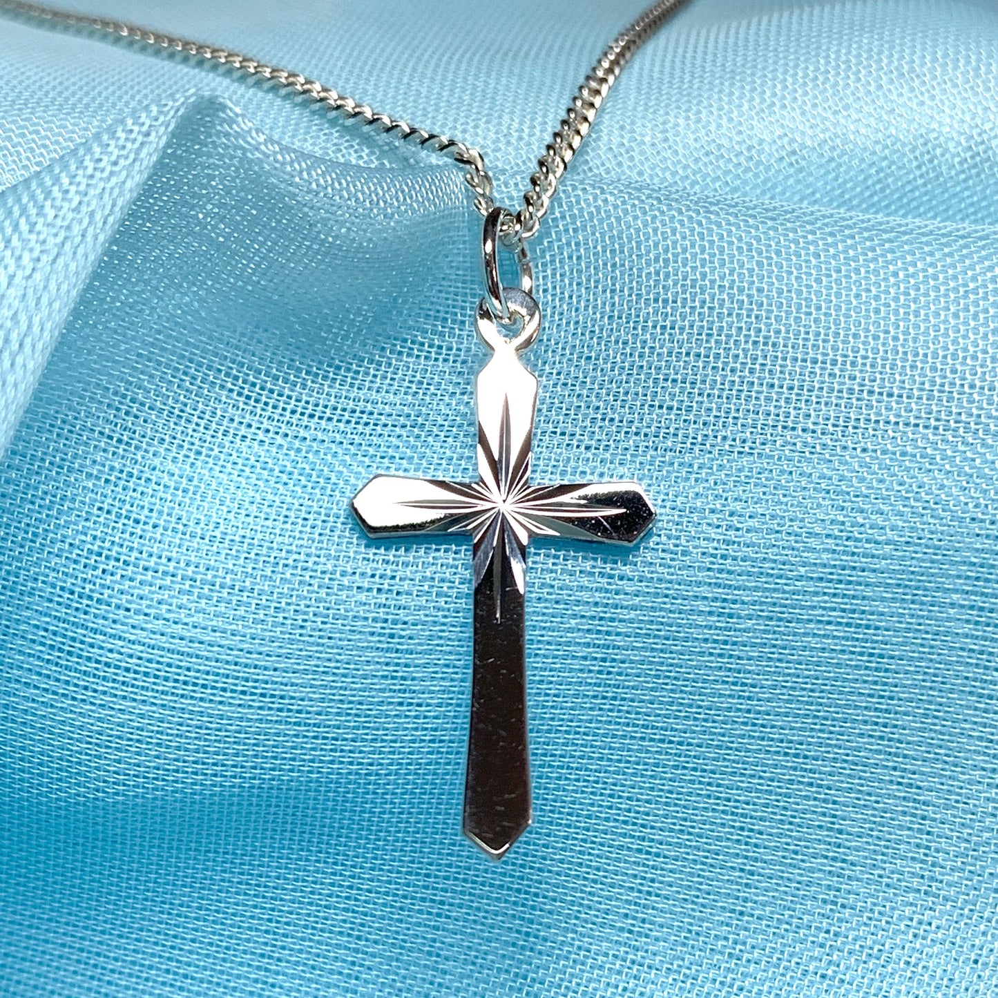 Sunray Sterling Silver Diamond Cut Cross Necklace