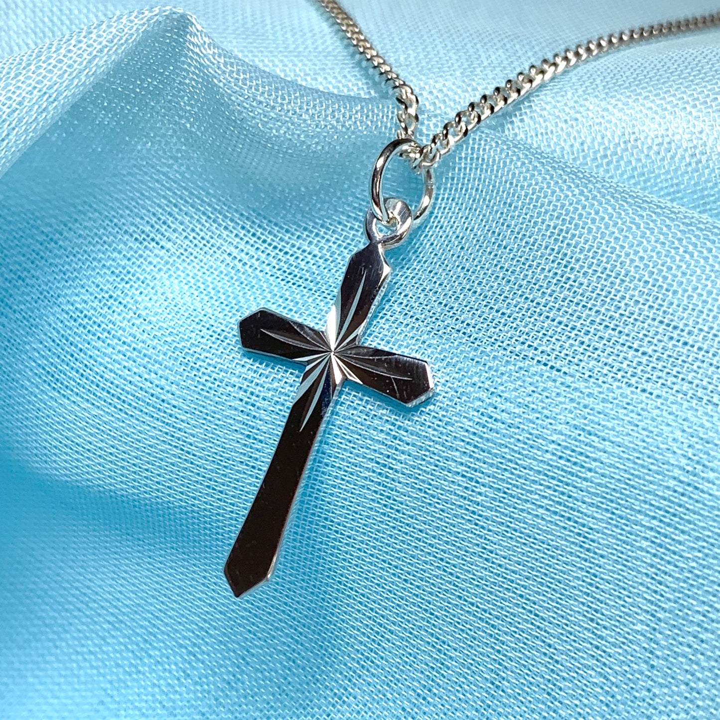 Sunray Sterling Silver Diamond Cut Cross Necklace