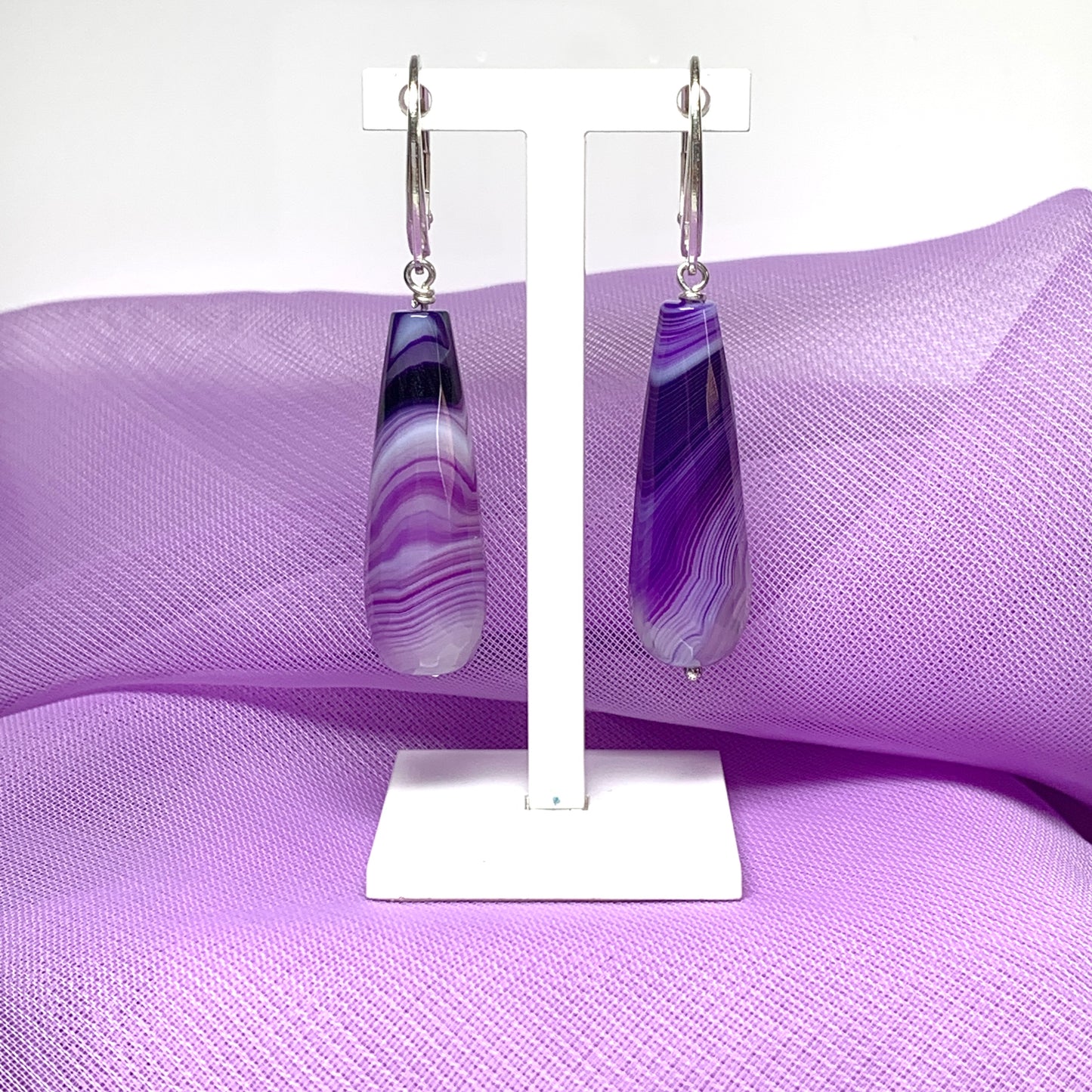 Purple teardrop shaped agate long drop earrings