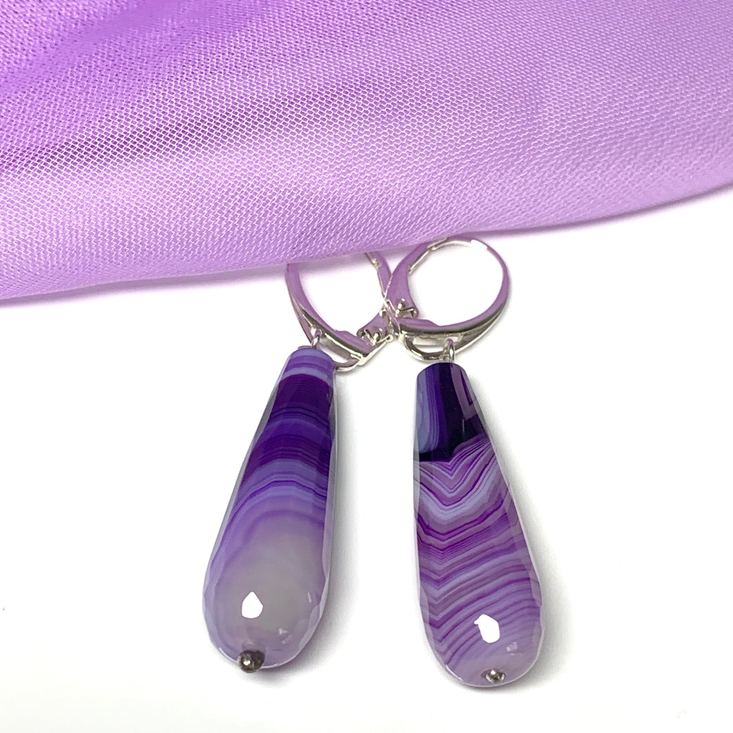 Purple teardrop shaped agate long drop earrings