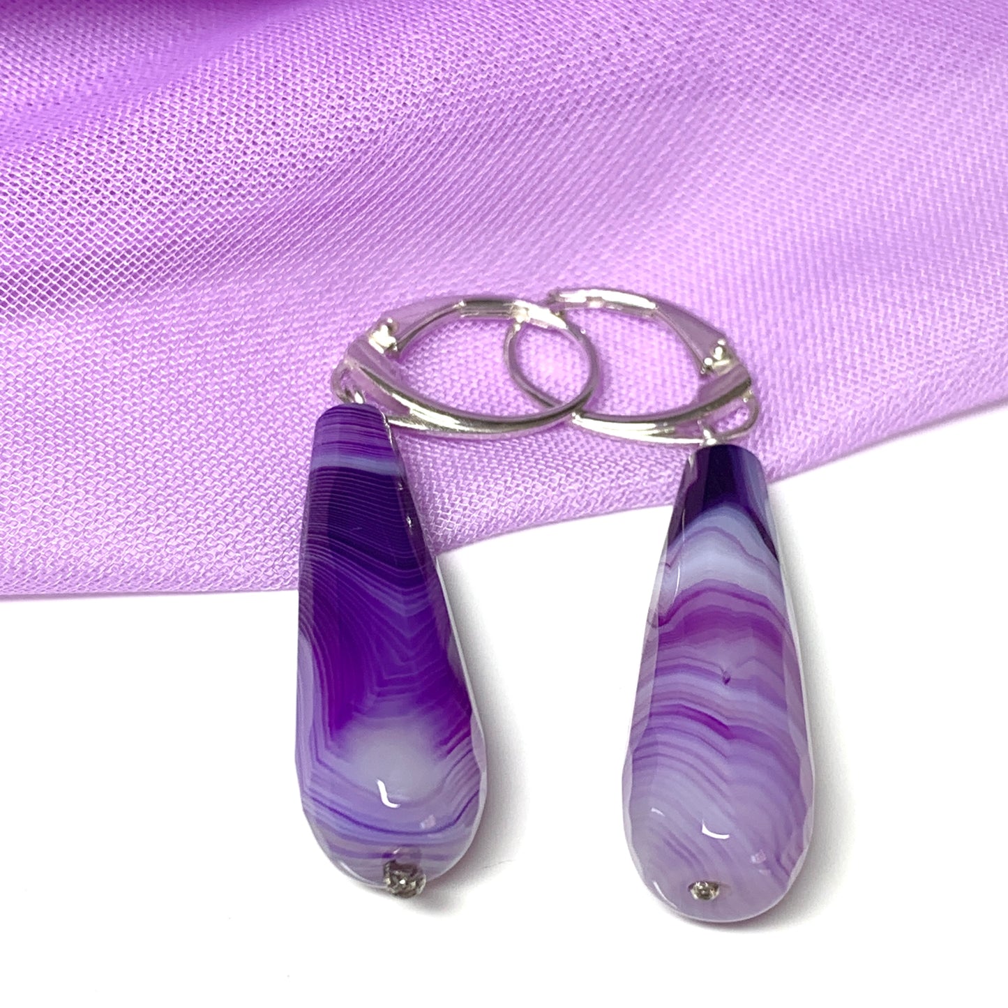 Purple teardrop shaped agate long drop earrings